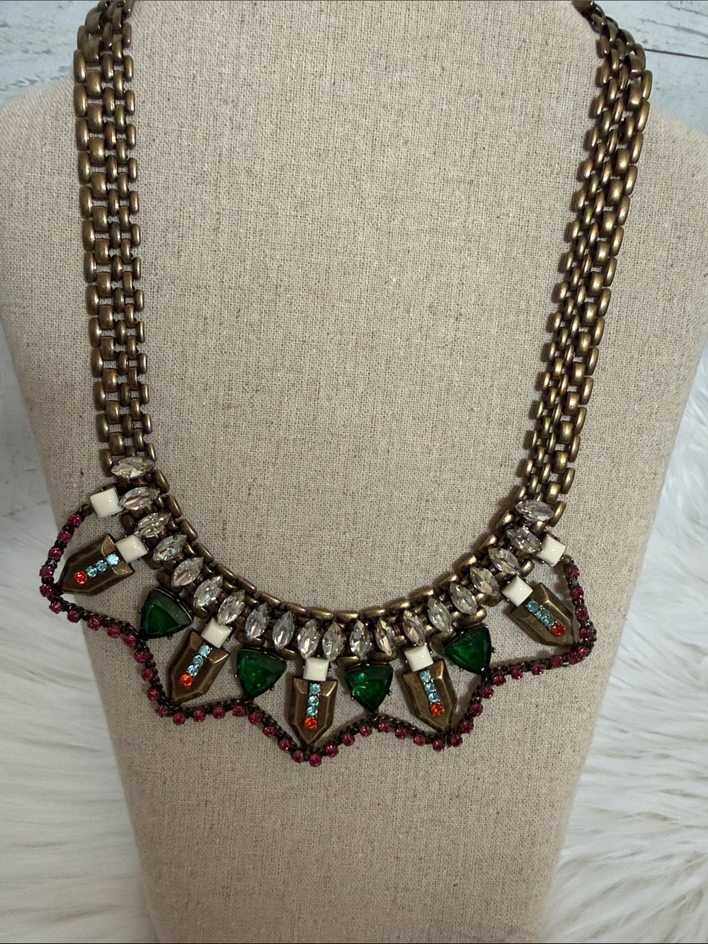 Stella & Dot Prisma Gold-Tone Statement Necklace Green, Pink & Clear Stones